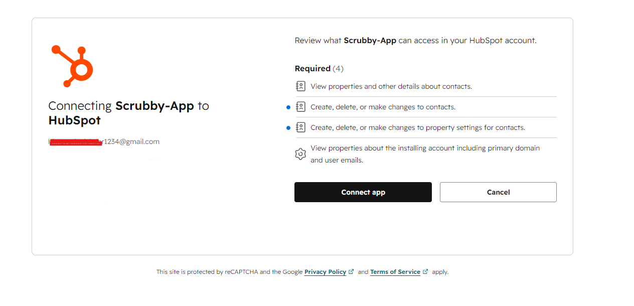 Review permissions and connect app screen